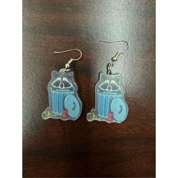 Trash Panda Raccoon in Trashcan Acrylic Dangle Earrings - Picture 2 of 2